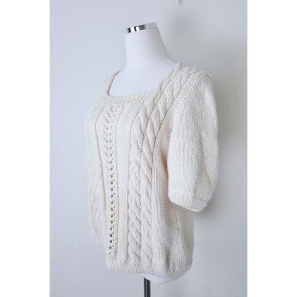 Handmade Cottagecore Short Sleeve Sweater Top Square Neck Cream Cable Knit - Picture 5 of 12